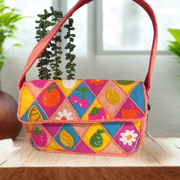 NWT - America & Beyond Beaded Daisy Cherry Summer Tropical Embellished Bag Purse - Picture 2 of 8